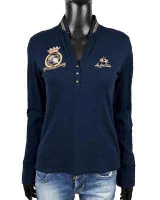 La Martina Maglia Polo Donna Blu Ricamata Taglia S
