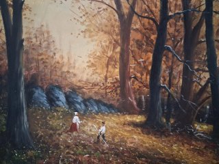Precioso óleo en tabla de paisaje con marco dorado