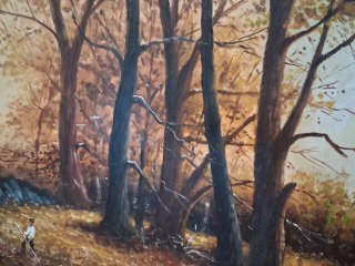 Precioso óleo en tabla de paisaje con marco dorado
