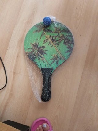 Palas de playa con palmera y pelota