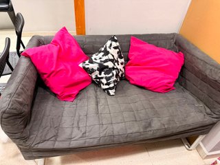 Sofá gris con cojines fucsia