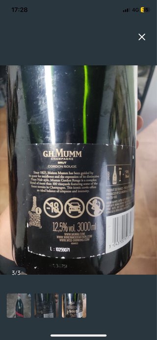 Mega Botella Magnum Mumm Cordon Rouge Vacía 3 lt