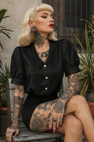 Blusa Negra Shein Manga Globo cuello encaje L