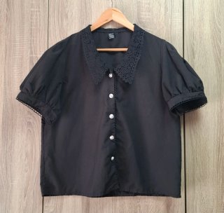Blusa Negra Shein Manga Globo cuello encaje L