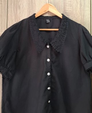 Blusa Negra Shein Manga Globo cuello encaje L