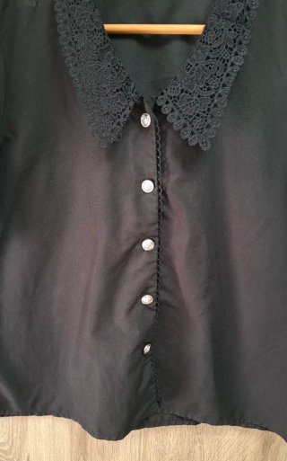 Blusa Negra Shein Manga Globo cuello encaje L