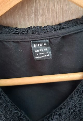 Blusa Negra Shein Manga Globo cuello encaje L