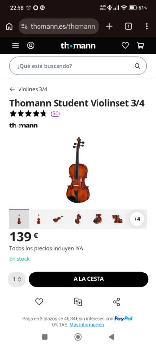 Violín 3/4 con funda y arco de la marca Thomann