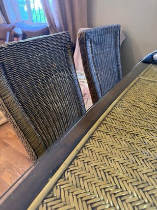Mesa comedor mimbre + 6 sillas madera