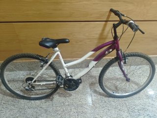 Bicicleta infantil morada y blanca