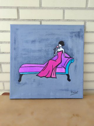 Lienzo mujer en diván. Original. 40x40 cm