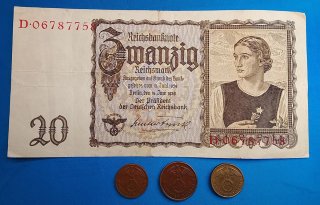 Lote  Alemania 1939 -Billete 20 RM + Monedas III