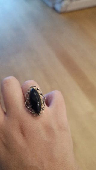 Anillo Plata y Azabache Ovalado  Talla 10.5