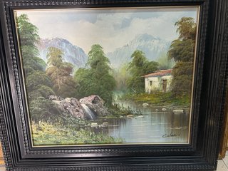 Cuadro antiguo con paisaje pintado a mano