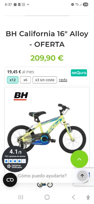 Bicicleta BH California 16 Amarilla