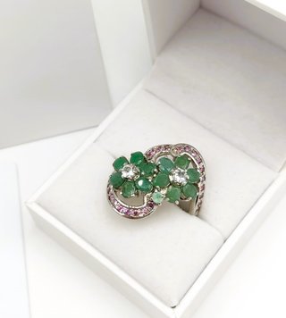 Anillo Plata Esmeraldas y Granates Naturales