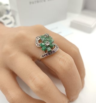 Anillo Plata Esmeraldas y Granates Naturales