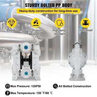 Bomba de Doble Diafragma Operada por Aire 25.4mm(1 pulgada) Entrada/Salida 113 L/min(30GPM) Polipropileno Máx 7 bar(100PSI) para Uso Químico e Industrial