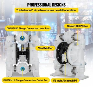 Bomba de Doble Diafragma Operada por Aire 25.4mm(1 pulgada) Entrada/Salida 113 L/min(30GPM) Polipropileno Máx 7 bar(100PSI) para Uso Químico e Industrial