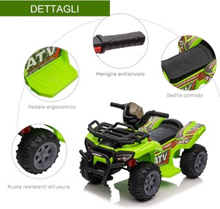 Quad Eléctrico para Niños 6V, Con Música, Botón Acelerador, Velocidad 2Km/H, Edad 18-36 Meses, 70X42X45Cm, Verde