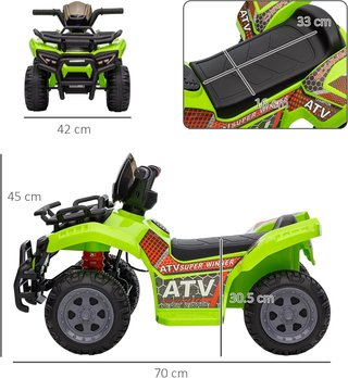 Quad Eléctrico para Niños 6V, Con Música, Botón Acelerador, Velocidad 2Km/H, Edad 18-36 Meses, 70X42X45Cm, Verde