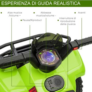 Quad Eléctrico para Niños 6V, Con Música, Botón Acelerador, Velocidad 2Km/H, Edad 18-36 Meses, 70X42X45Cm, Verde