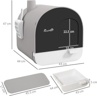 Caja de Arena para Gatos Cerrada, Caseta con Bandeja Extraíble, Paleta, Puerta y Filtros Antiodorantes, Inodoro para Gatos Antideslizante con Alfombrilla, Gris y Negro