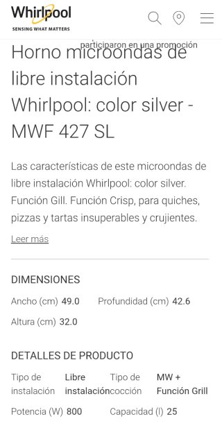 Microondas Whirlpool MWF 427 SL