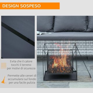 Caminetto da Giardino Portatile in Metallo, Caminetto da Esterno con Design Sospeso e Attizzatoio, 45X45X43Cm Nero