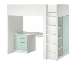 Cama alta con escritorio, cajones y armario. Ikea