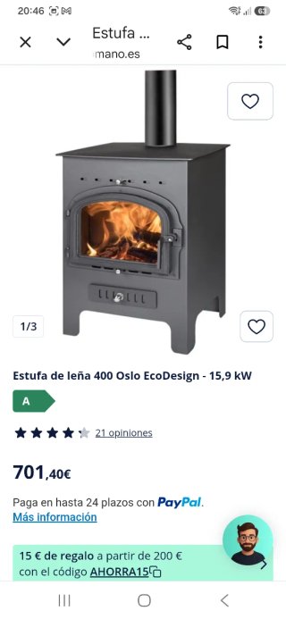 Estufa de leña metálica con puerta de cristal