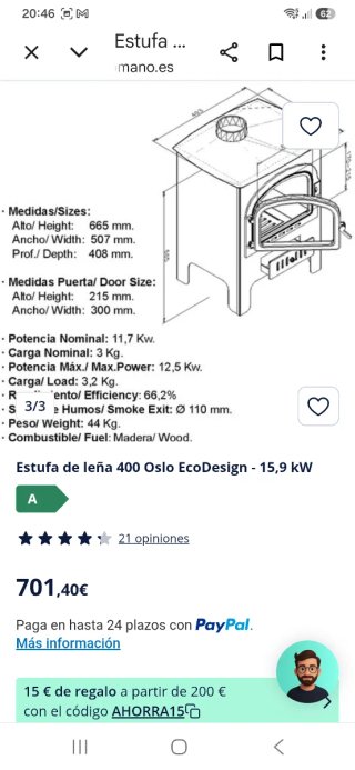 Estufa de leña metálica con puerta de cristal