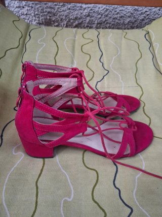 Sandalias Naranja Tacon Medio Brillantes Talla 38