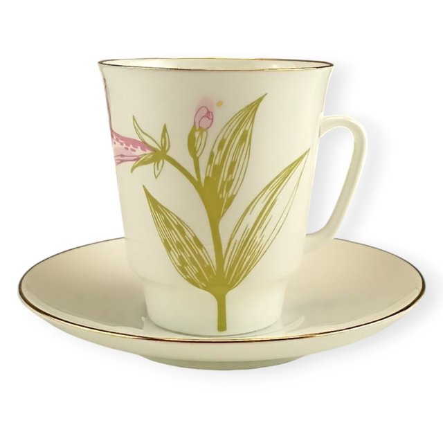 Taza y platillo Imperial Porcelain San Petersburgo serie 1744 serie forma Tulip, “Red Butterflies”