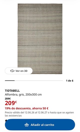 Alfombra IKEA Lana Gris 200x300