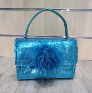 Borsa donna paillettes e piume blu