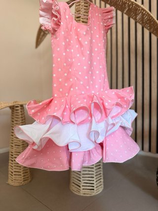 Vestido Flamenca Lunares Rosa y Blanco