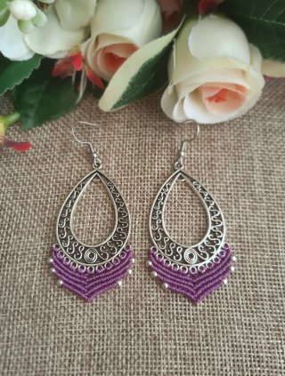 2 Pares Pendientes Macramé Boho Naranja y Morado