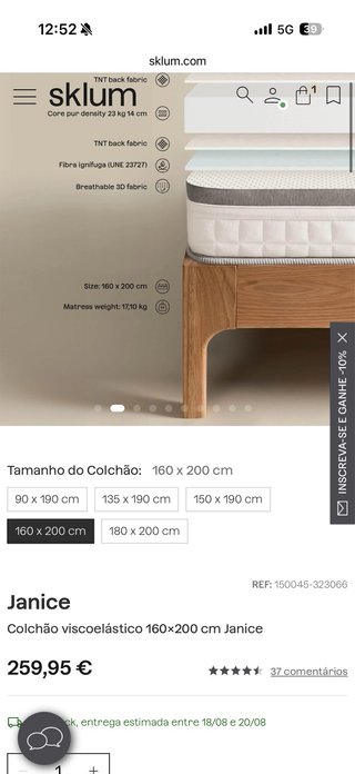 Colchão Sklum 160x200 viscoelastico como novo