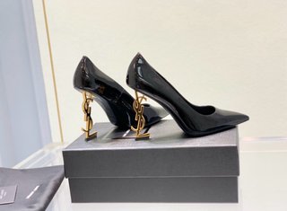 Zapatos Salón Saint Laurent Charol Negro Tacón Oro