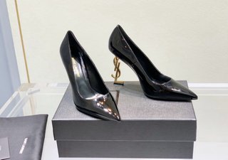 Zapatos Salón Saint Laurent Charol Negro Tacón Oro