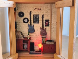 Diorama Scatola Legno Sala Musica Chitarre Vinili