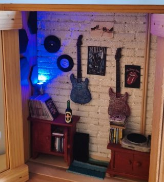 Diorama Scatola Legno Sala Musica Chitarre Vinili