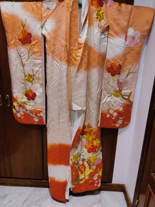 Kimono Japonés Original Flores Naranja Rosa