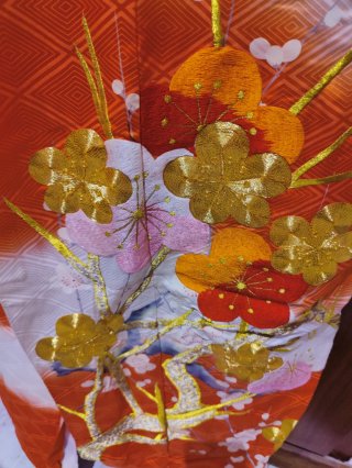 Kimono Japonés Original Flores Naranja Rosa