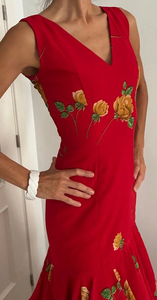 Traje Flamenca Crespón Rojo con estampado floral