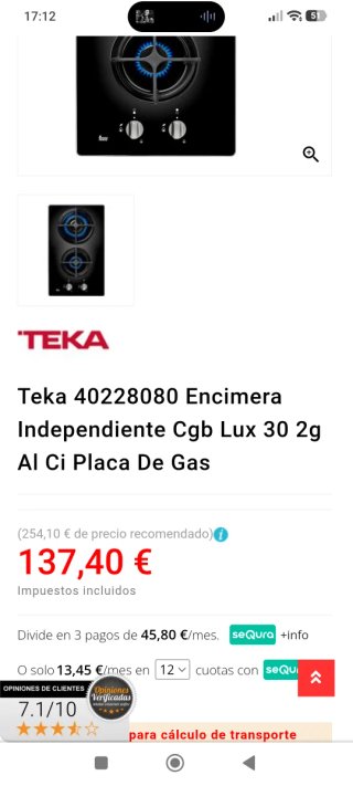 Encimera Teka 2 fuegos gas butano cristal
