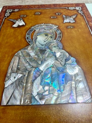 Panel religioso imagen Virgen y el Niño en nacar