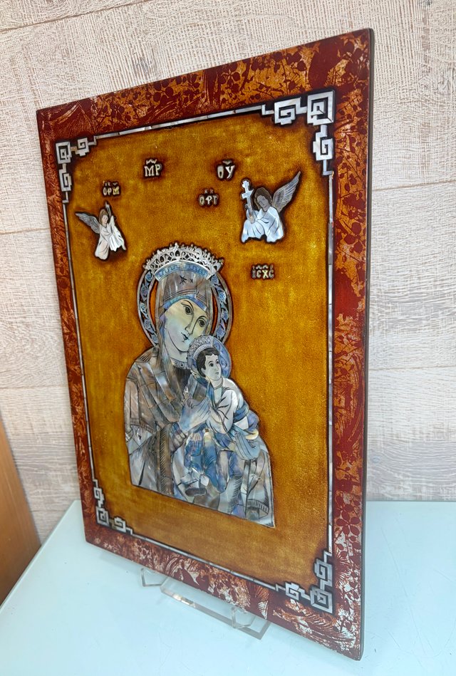 Panel religioso imagen Virgen y el Niño en nacar