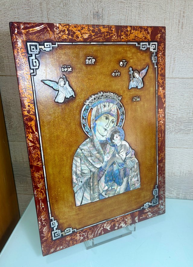 Panel religioso imagen Virgen y el Niño en nacar